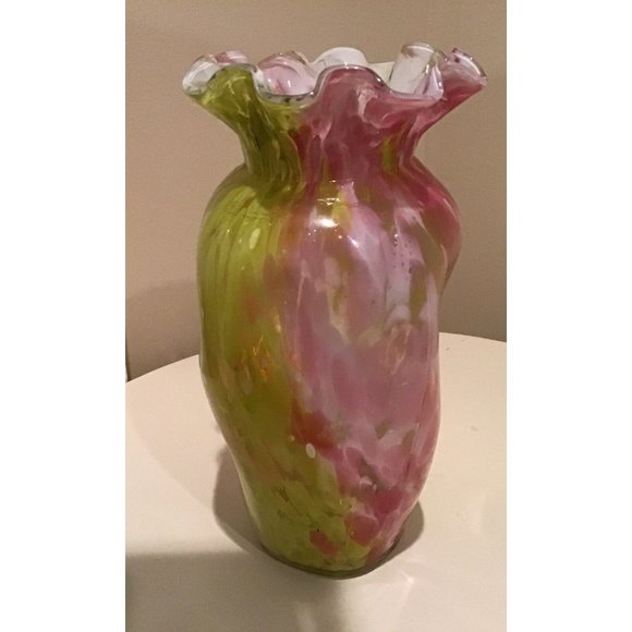 FENTON VASA MURRHINA GLASS VASE PINK YELLOW WHITE MYST 6.75” H EUC - Picture 5 of 5